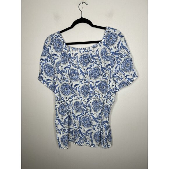 Talbots Womens Tunic Top Blue White Floral Short Sleeve Boho Blouse Size Large - Picture 3 of 6